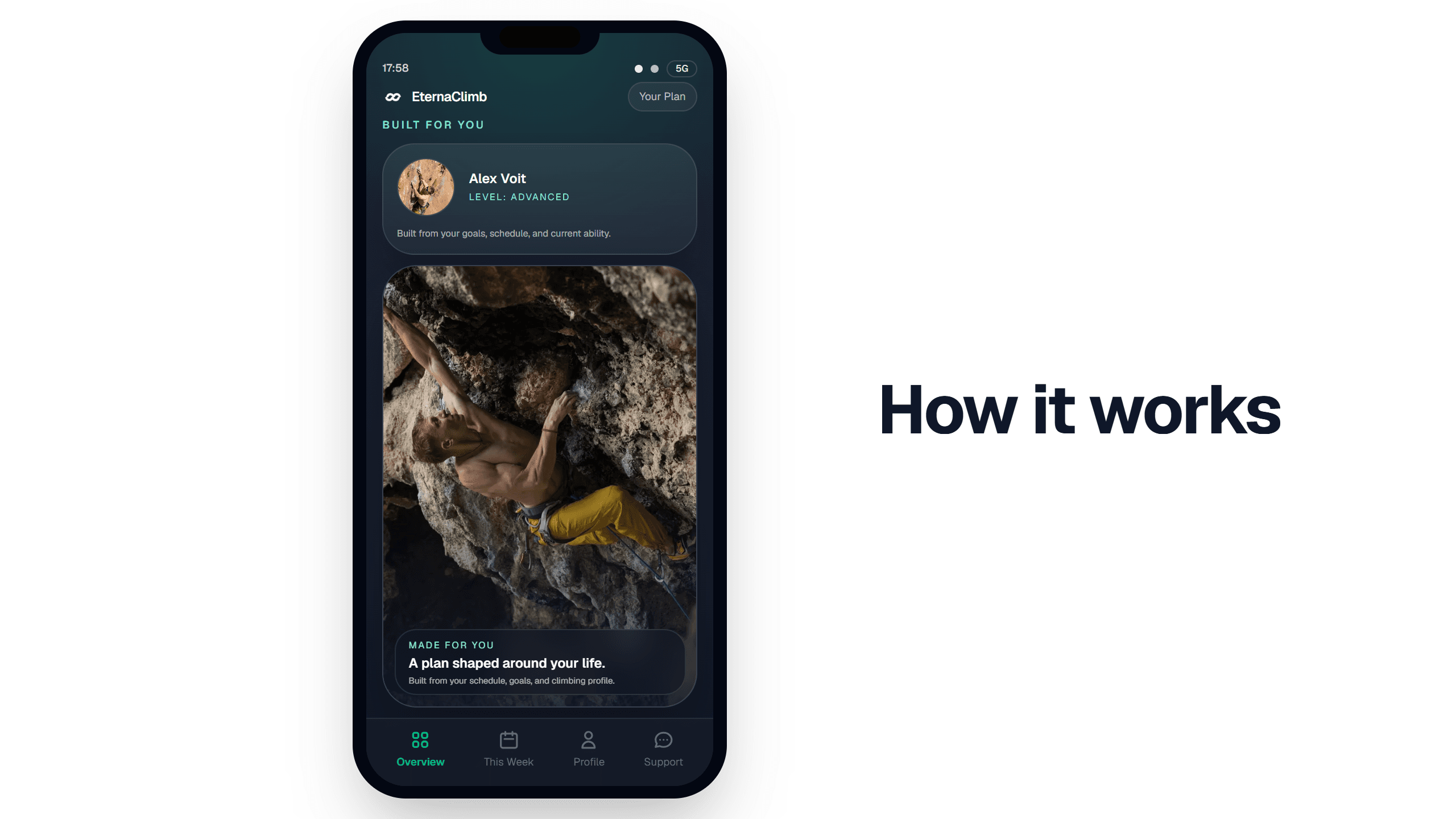 L’app di allenamento per l’arrampicata EternaClimb su un telefono accanto alla scritta How it works.
