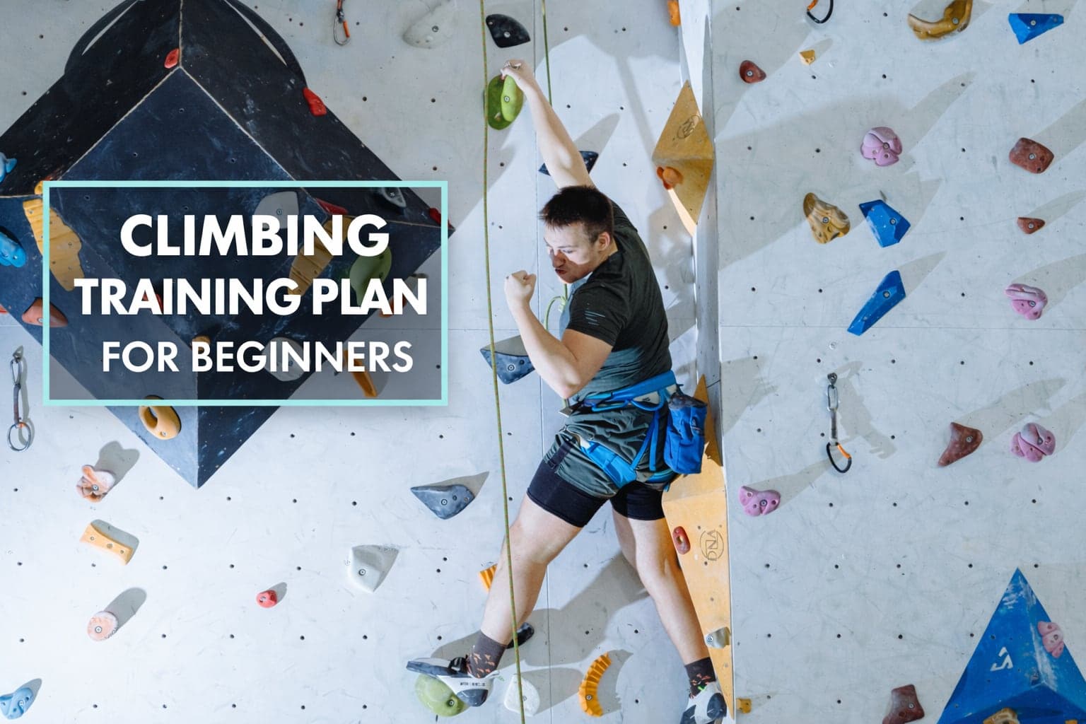 Beginner climber following an indoor climbing training plan on a gym wall.