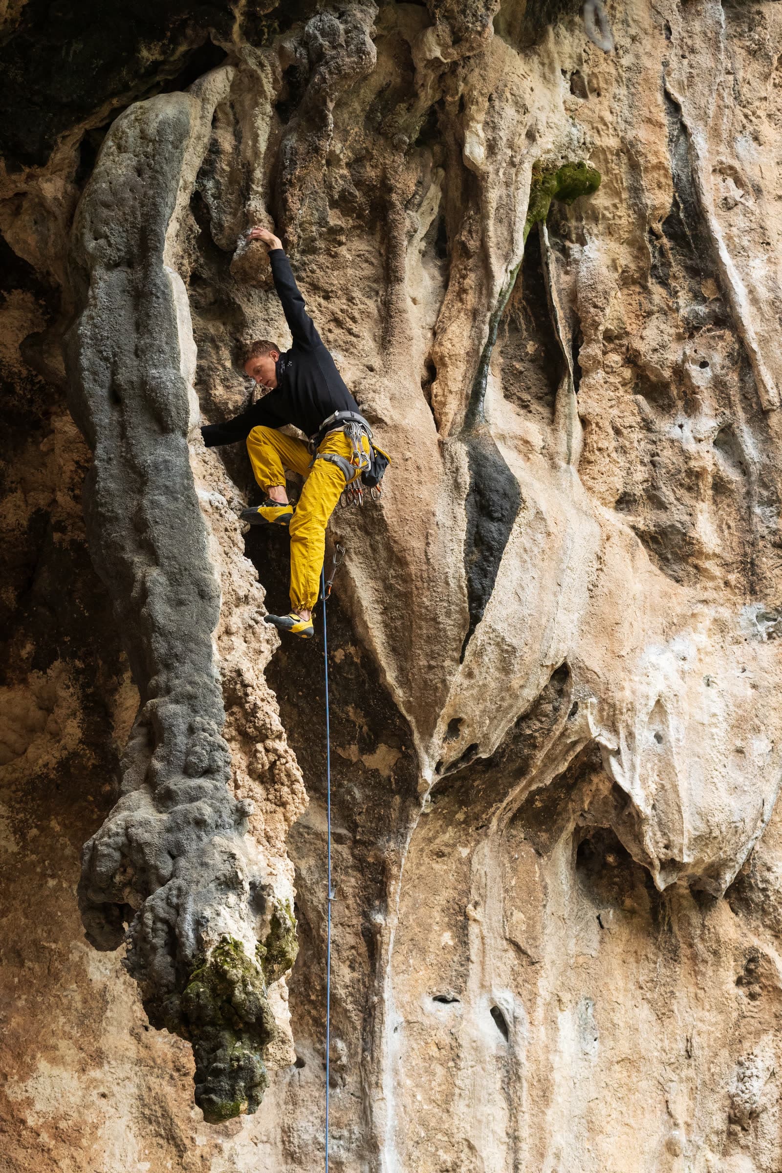 A climber on an overhanging limestone wall
