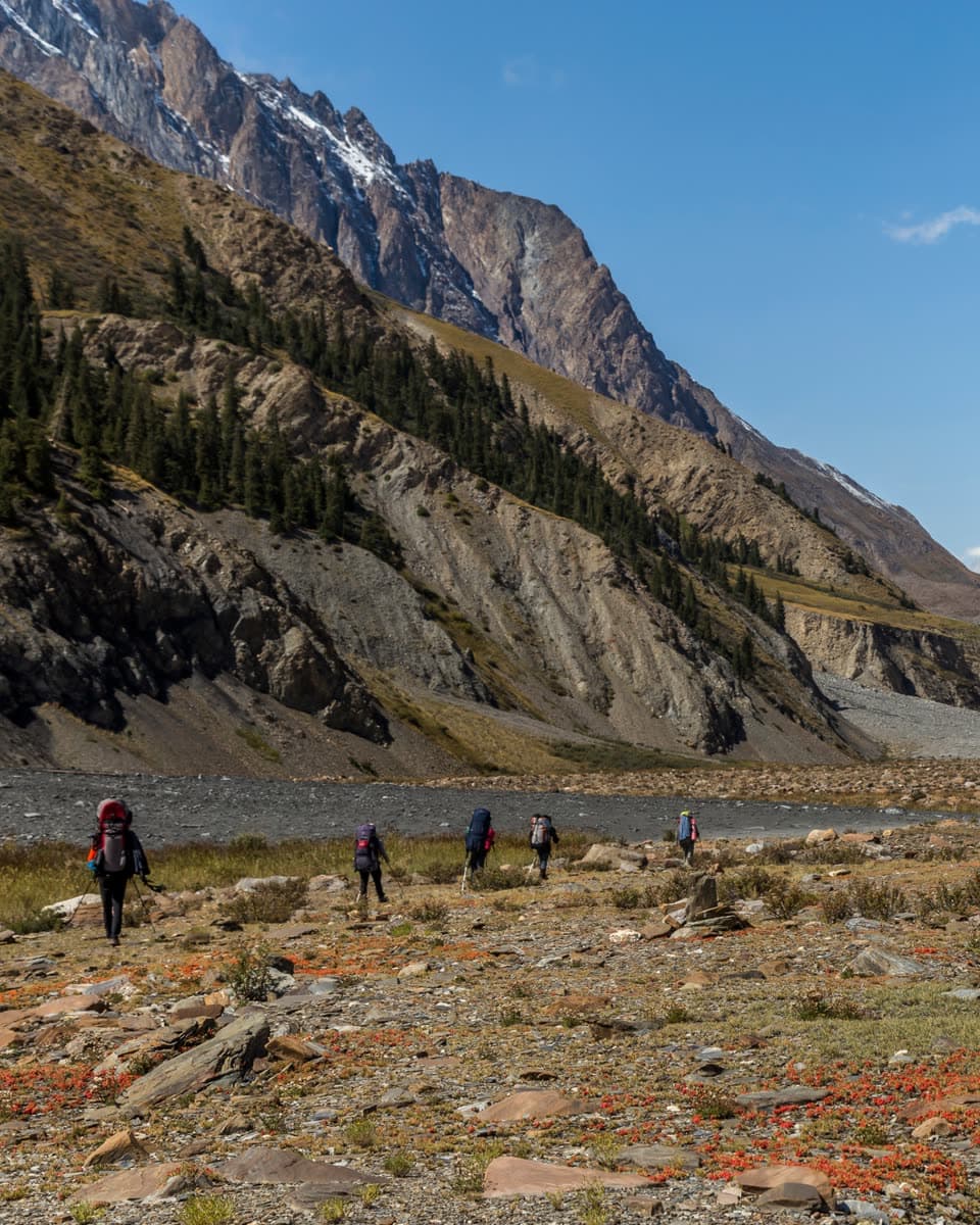 Hikers with backpacks in a mountain valley