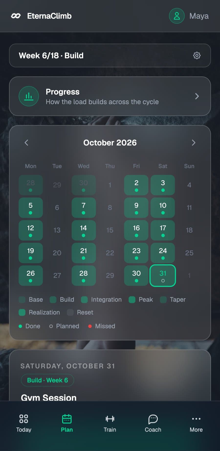 Plan-Bildschirm: Oktoberkalender mit den erledigten Einheiten